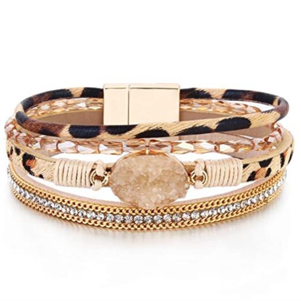 Womens Boho Leather Wrap Bracelet Chunky Crystal Cuff Western